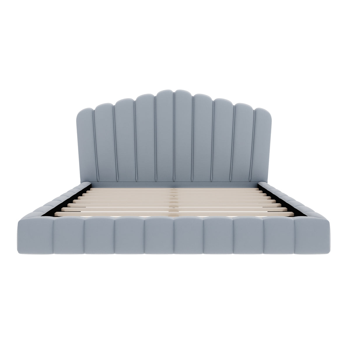Velvet Upholstered Queen Bed Frame with Shell-Shaped Headboard