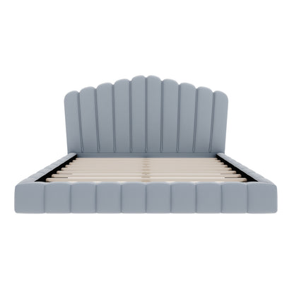 Velvet Upholstered Queen Bed Frame with Shell-Shaped Headboard