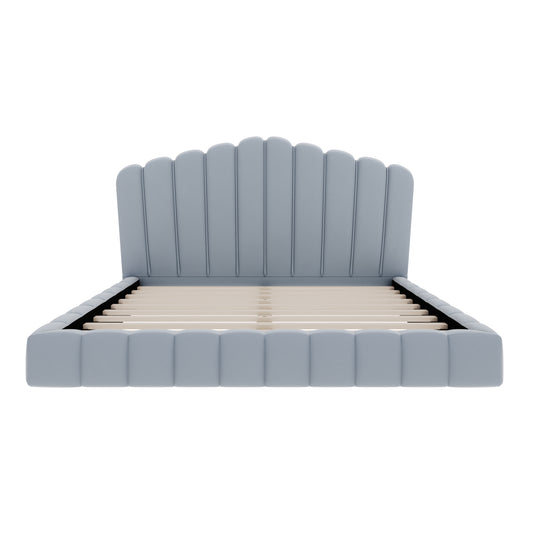 Velvet Upholstered Queen Bed Frame with Shell-Shaped Headboard