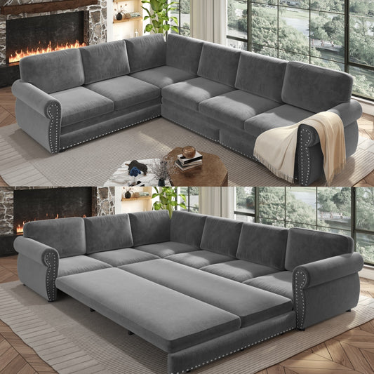 118' L-Shaped Sofa Couch with Pull-Out Bed,Oversize Convertible Sleeper Sofa with Nailhead Trim & Rolled Arm,Chenille Upholstered Sectional Couches,Light Grey(Old Sku:W1885S00258)