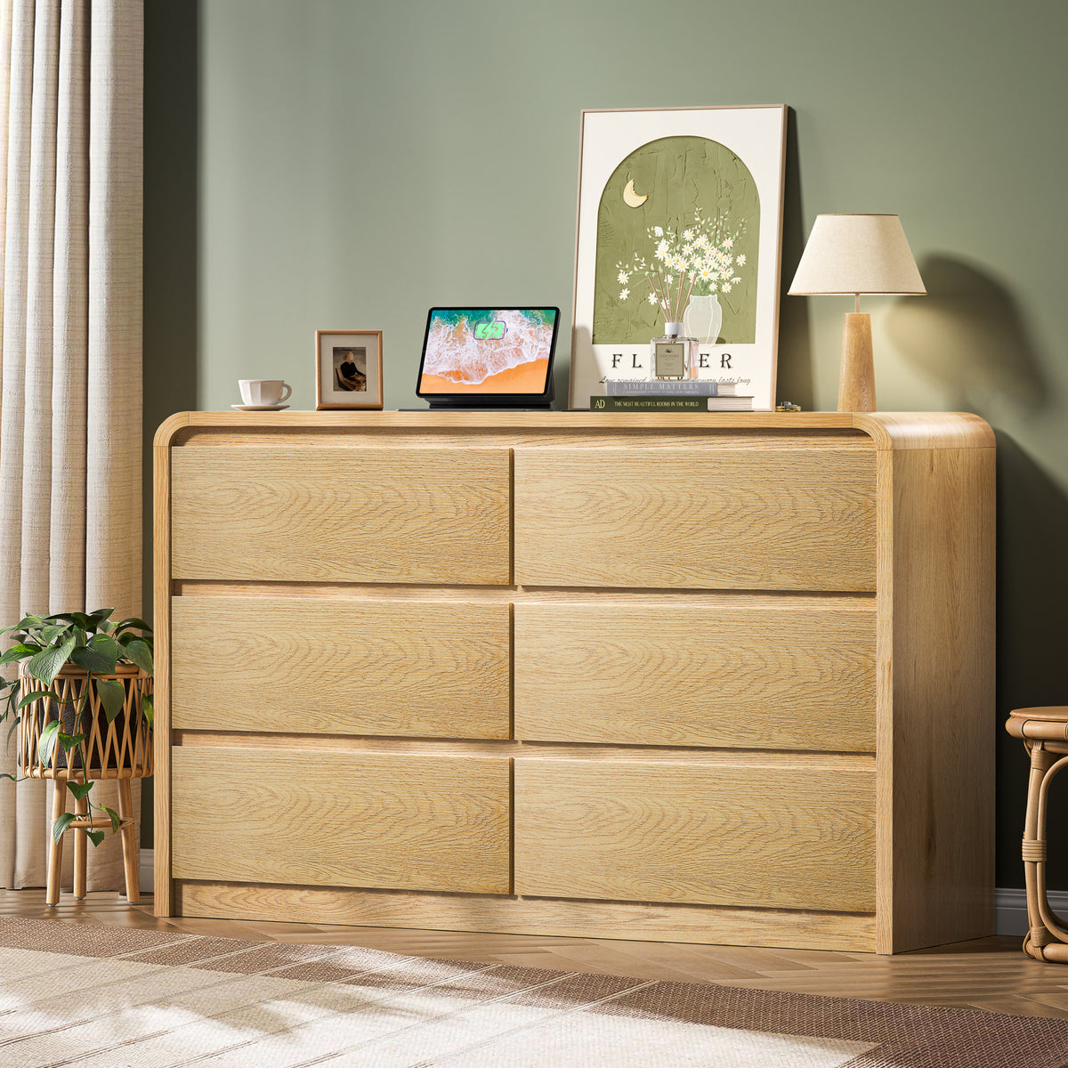6 Drawer Dresser for Bedroom, Natural Modern Wood Chest of Drawers & Closet Organizer