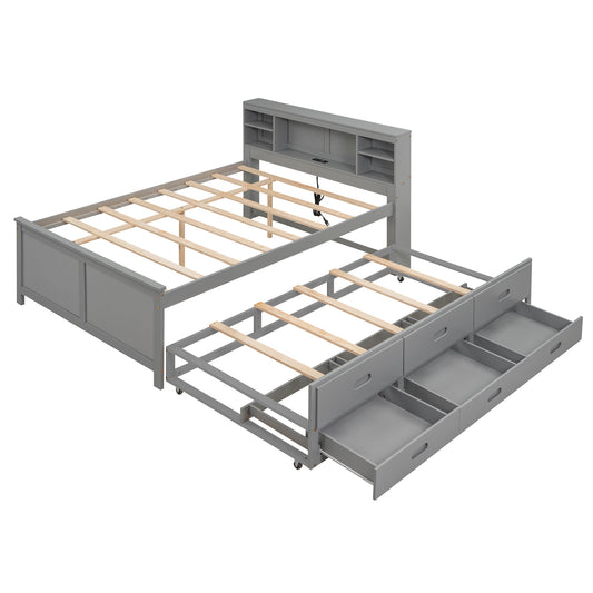Gray Full Size Platform Bed with Storage Headboard, USB, Twin Trundle and 3 Drawers, Solid Wood+MDF