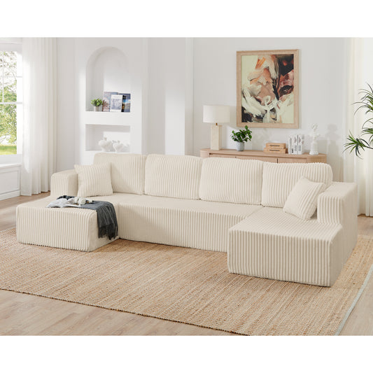 U shape Modular Sectional Sofa, Compressed Sectional Sofa Modern Minimalist Style Corduroy Couch, Sleeper Sofa for Living Room, Bedroom, Comfy Compressed Sofa Couch Space-Efficient Design-beige